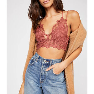 FREE PEOPLE Bra XS FP ONE Adella Bralette Crochet Lace Smocked Cross Strap Pink